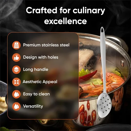 Vista 2 de Cuchara de cocina grande de metal con agujeros, paquete de 2, cuchara ranurada de acero inoxidable, cuchara de metal perforada con mango largo