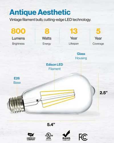 Vista 3 de ST64 - Bombilla de filamento LED de 8.5 W, varios colores y tamaños, 4/16 de pulgada