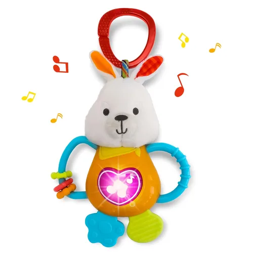 KiddoLab Juguetes de dentición con forma de conejito y sonajero musical para bebés y niños pequeños - Juguete interactivo y sensorial con luz para