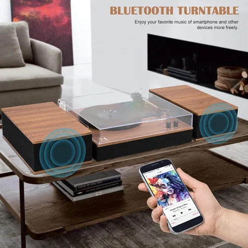 Vista 2 de MPK - Tocadiscos Bluetooth, sistema de alta fidelidad con altavoces de estantería, tocadiscos de vinilo de 3 velocidades con transmisión por correa