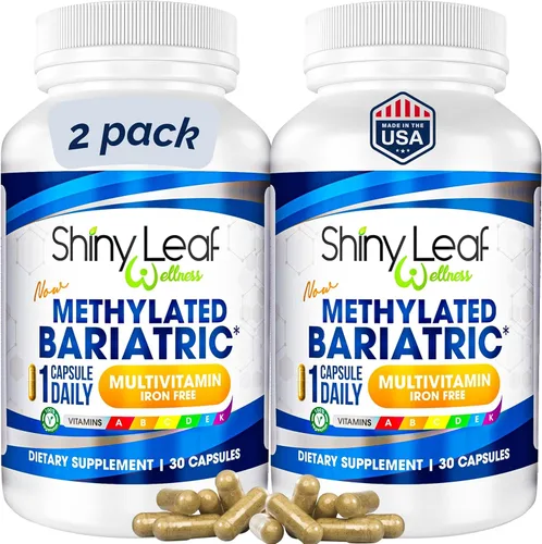 Shiny Leaf Multivitamínico bariátrico metilado sin hierro - Vitaminas para bypass gástrico y manga, 1 cápsula diaria W Folato metilado, B12, A, C,