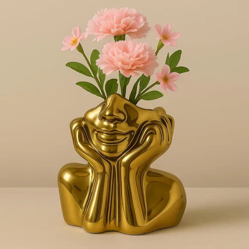 Vista 2 de Jarrón de Cara Jarrón de Cerámica Único para Habitación, Oficina, Decoración del Hogar, Dorado, A