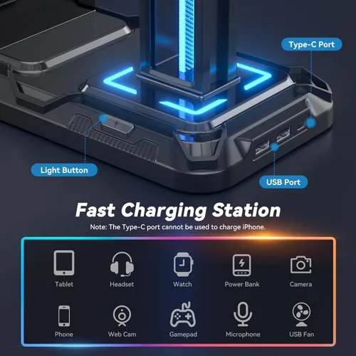 Vista 3 de KDD Headset Stand with Charging Station - Detachable Controller Holder with 9 Light Modes - Rotatable Headphone Hanger with USB A&C Charger Ports