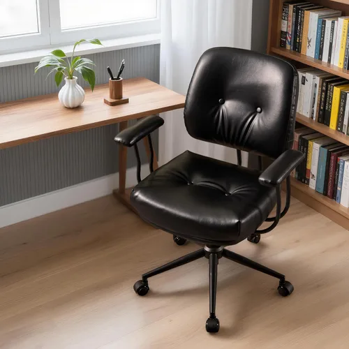 Vista 10 de Silla de oficina Mid Century Modren, silla ejecutiva giratoria con soporte lumbar, silla de escritorio ergonómica de respaldo medio con ruedas