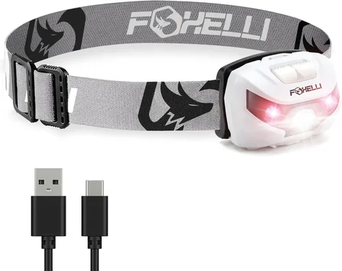 Vista 12 de Foxelli Linterna frontal LED recargable: luz de cabeza súper brillante, ligera y cómoda para correr, acampar, senderismo y trabajo, adecuada