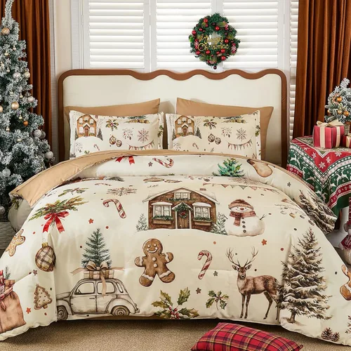 Vista 14 de Luxudecor Juego de funda de edredón de Navidad tamaño individual, 2 piezas de funda de edredón a cuadros de búfalo rojo, patrón de Santa Claus, reno