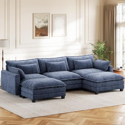 Pipishell 110.6" U-Shaped Modular Sectional Sofa, 5-Seat Modern Chenille Deep Seat Comfy Cloud Couch with 2 Movable Ottoman & Throw Pillows for