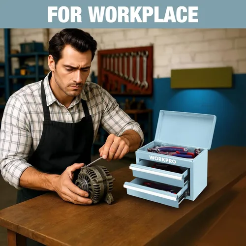 Vista 6 de WORKPRO Caja de herramientas mini de metal, cajonera superior con dos cajones con guías de rodamiento de bolas, forros de PVC para cajones y Azul