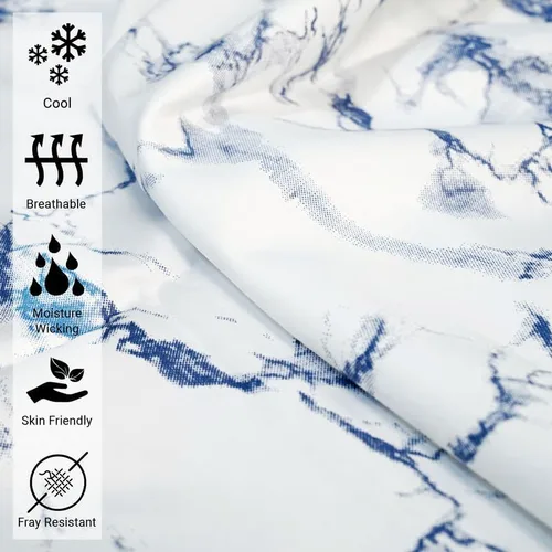 Vista 2 de Pizuna Sábanas de algodón con estampado de mármol azul Carrara para cama corta tamaño Queen, 400 hilos, sábanas de satén 100% algodón de fibra