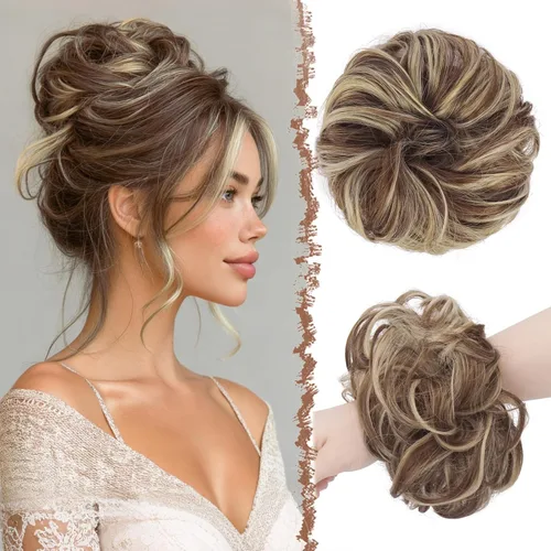 Vista 12 de FESHFEN Pieza de Cabello Grande de Moño Desordenado de Fibra Sintética Negro Azabache, 1.94 oz