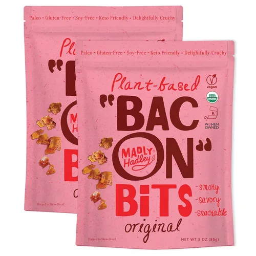 Vista 8 de Madly Hadley Bocadillos de tocino a base de plantas, 2 paquetes de 6 onzas Bocadillo de tocino vegano de coco orgánico Cobertura para ensaladas