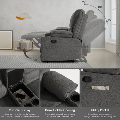 Vista 8 de Sofá reclinable doble de 67.9 pulgadas, sofá reclinable para caravana, soporte de pared reclinable, sofá reclinable manual, asientos de cine