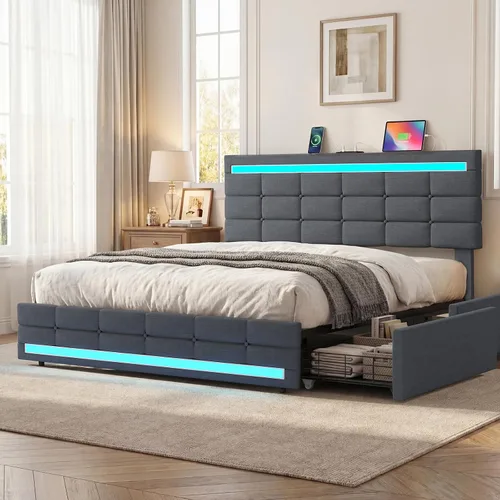 ADORNEVE Marco de Cama LED Queen con 4 Cajones y 2 Estaciones de Carga USB, Marco de Cama con Plataforma Tapizada Tamaño Queen con Luces LED en Gris