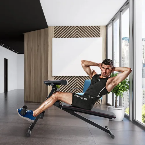 Vista 7 de Goplus Banco de pesas multifuncional, banco de ejercicios plegable con posiciones ajustables, para entrenamiento de fuerza, entrenamiento de núcleo