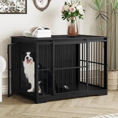 Hzuaneri Mueble XL grande para perros, muebles de interior para perreras de 44.1 pulgadas con puerta de granero, jaula alta de madera para perros,