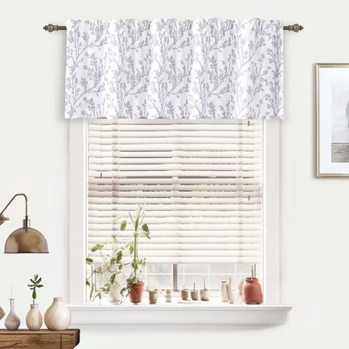 Vista 7 de DriftAway Cenefas opacas de 18 pulgadas gris y blanco para ventanas, dormitorio, sala de estar, bolsillo para cortinero, árbol de granja, rama