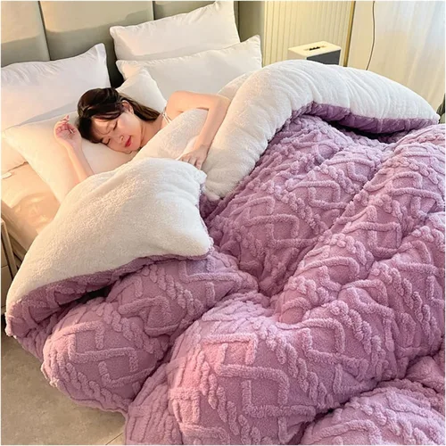 Vista 11 de Edredón de invierno de hibisco de aislamiento súper suave grueso, colcha de cachemira, edredón de terciopelo de doble cara súper cálido con núcleo