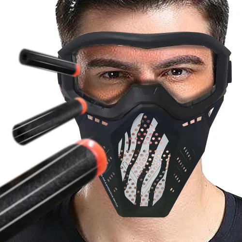 Vista 7 de Paquete de 4 máscaras tácticas compatibles con Nerf Rival, Apollo, Zeus, Khaos, Atlas, Artemis Blasters Rival Máscara (amarillo, azul, negro, blanco)
