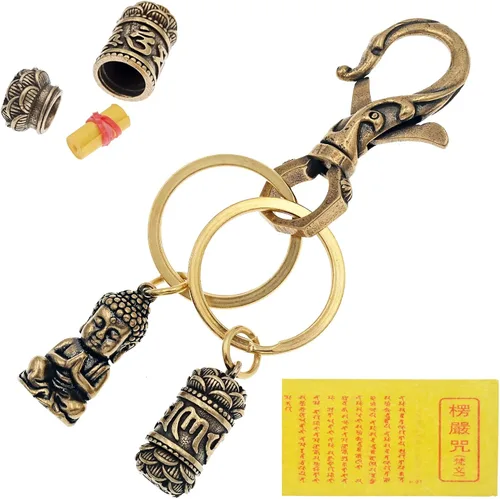 Brass Buddha Statue and Prayer Box Keychain for Men,Buddhist Amulet Feng Shui Key Chains Charms Pendant Keys Ring Holder,with Shurangama Mantra