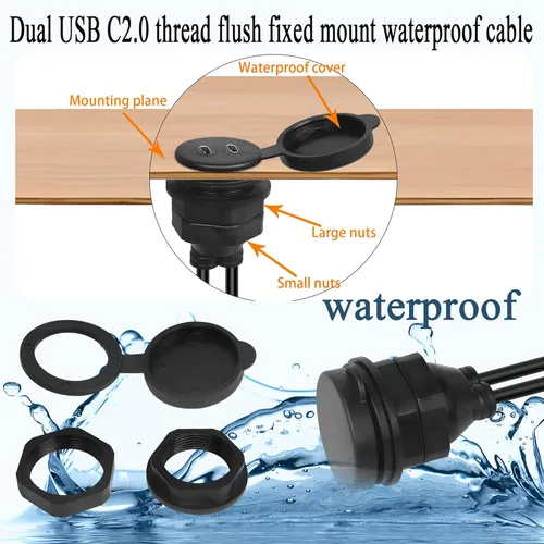 Vista 4 de QIANRENON 2 USB C roscado montaje empotrado cable impermeable doble USB C 2.0 macho a hembra montaje en tablero de coche cable de extensión