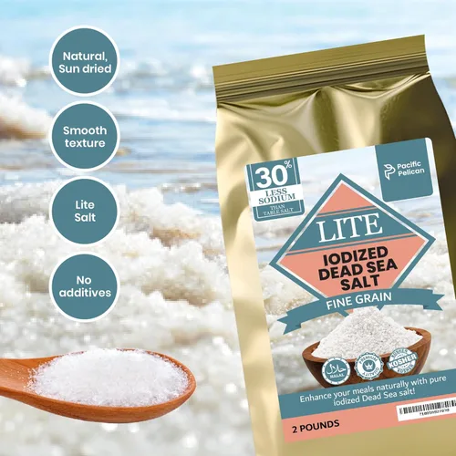 Vista 6 de Pacific Pelican 30% Less Sodium Iodized Dead Sea Lite Salt - Fine Grain Unrefined Kosher, Natural Iodized, Low Sodium Salt for Cooking, Seasoning