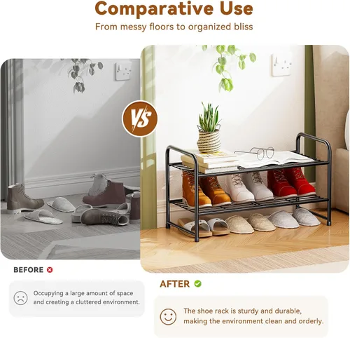 Vista 5 de Zapatero de metal de 2 niveles y 27 pulgadas para piso, apilable y ajustable, color negro