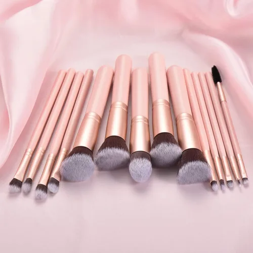 Vista 2 de 14 Piezas Pinceles de Maquillaje Rosa - Mango de Madera con Cerdas Sintéticas Suaves, para Maquillaje de Rostro y Ojos Juego de Pinceles