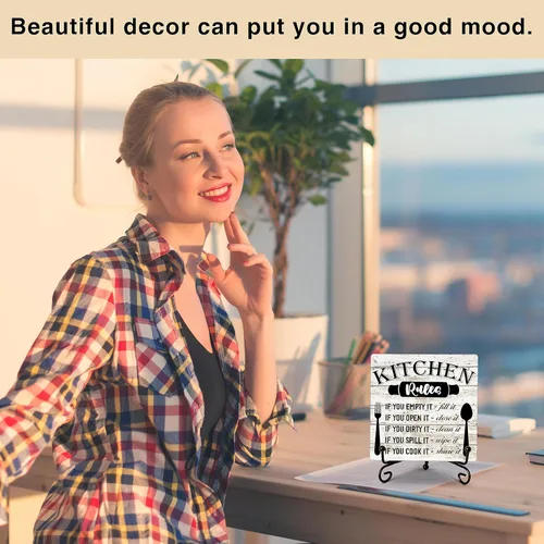 Vista 6 de Placa de madera rústica con soporte, decoración de cocina, letrero de madera con reglas de cocina, idea de decoración de madera para el hogar, sala