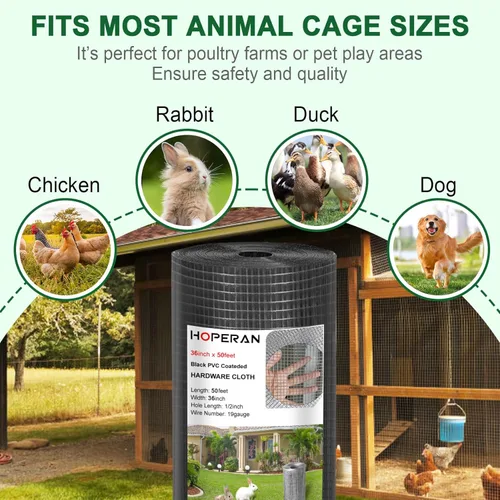 Vista 7 de HOPERAN Hardware Cloth Malla de alambre de pollo recubierto de PVC negro de 1/2 pulgada, 36 x 50 pies, vinilo + valla galvanizada de doble