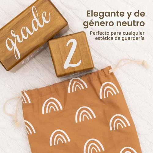 Vista 4 de Pondering Pine Bloques de hitos para bebé, madera de pino natural con semanas, meses y años, juego de bloques de edad con bolsa bohemia de arcoíris