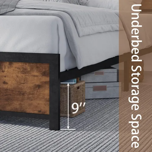 Vista 6 de Marco de cama tamaño Queen con almacenamiento, marco de cama de plataforma Queen con cabecera y estribo, marco de cama industrial Queen, soporte