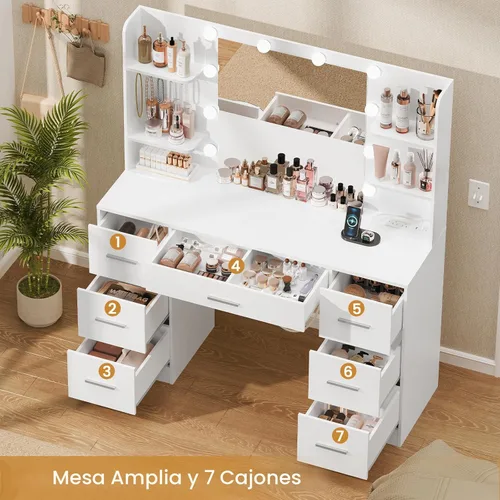 Vista 3 de Quimoo Tocador Grande con Espejo Iluminado LED y Toma de Corriente, Mesa de Tocador de Maquillaje con 7 Cajones, 4 Estantes y 5 Ganchos, Mesa