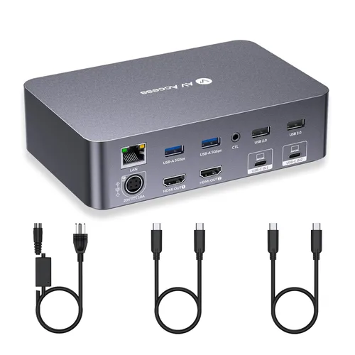 Conmutador KVM de acceso AV, 2 monitores, 2 portátiles, conmutador KVM 4K monitor HDMI doble, 2 puertos USB-C MST, 60 W PD para cada PC, 1G