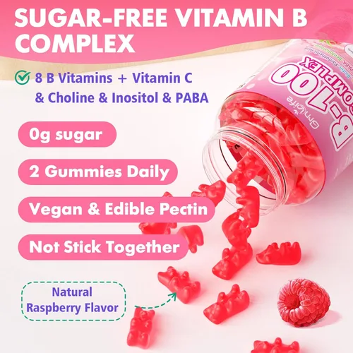 Vista 7 de Gomitas de complejo de vitamina B, todas las vitaminas B + metilo B12, B1, B2, B3, B5, B6, biotina, metilfolato, vitamina C, colina, inositol, PABA