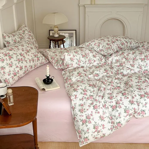 Vista 8 de EAVD Funda de edredón floral rosa estilo jardín, tamaño individual, blanco, suave, 100% algodón, para niñas, bonito juego de ropa de cama floral
