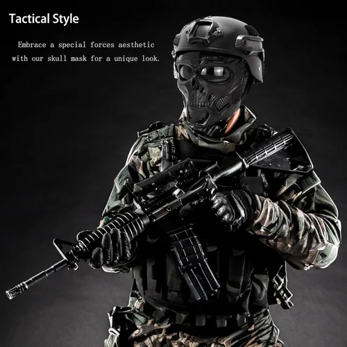 Vista 6 de Máscara de calavera de Airsoft, máscara de cara completa de calavera espeluznante con gafas resistentes a los impactos, suministros para fanáticos