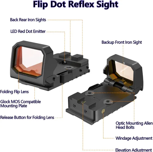 Vista 5 de Mini Folding Red Dot Sight Compact Flip Up Reflex Sight for Glock MOS, 3 MOA RMR Red Dot Gun Sight Scope with Heightened Base for Pistol Handgun and