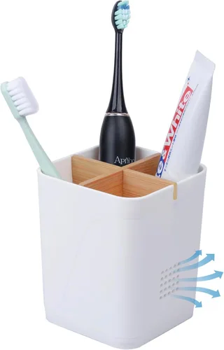Vista 13 de Soporte para cepillo de dientes eléctrico de 3 ranuras con divisores de bambú para baños, organizador de cepillos de dientes y pasta de dientes