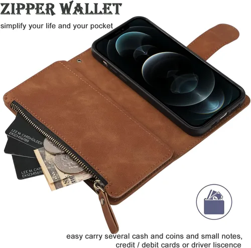 Vista 5 de RANYOK Funda tipo cartera compatible con iPhone 11 (6.1 pulgadas), piel sintética de alta calidad, con cremallera, cartera con bloqueo RFID y correa