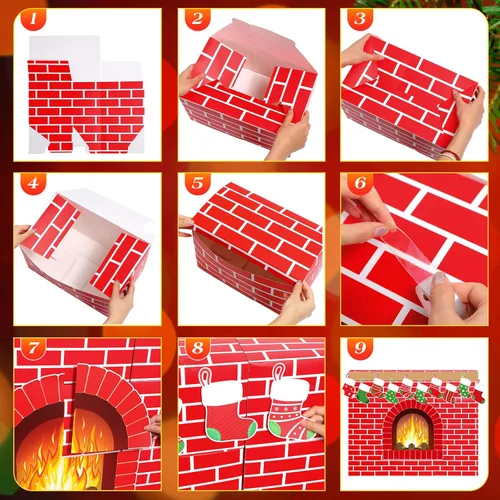 Vista 4 de 46 chimeneas de cartón de ladrillo rojo artificial 3D de 39 x 35 pulgadas, chimenea de Navidad con media llama de fuego, recortes de grano