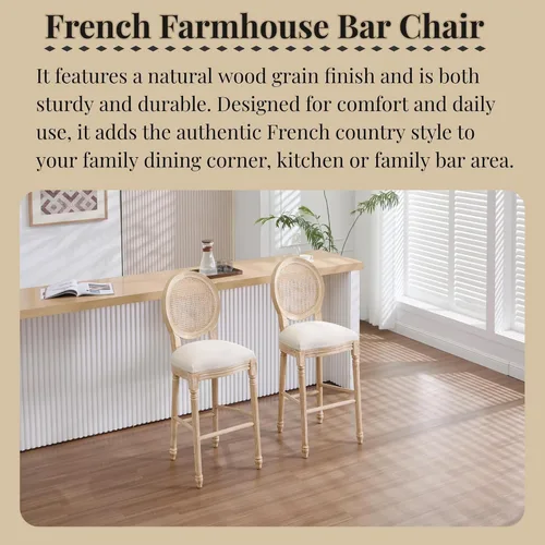 Vista 2 de Dining Chairs Set of 2, Table & Chair Sets with Natural Rattan Round Back, Upholstered Stackable Dining Room Chairs for Living Room, Kitchen