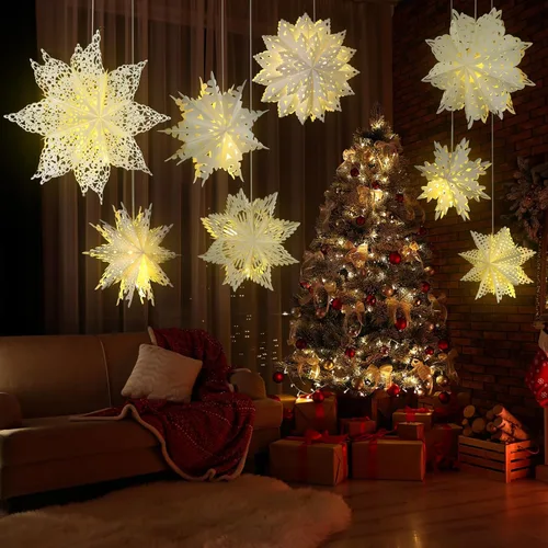 Vista 8 de Mudder 10 piezas de linterna de papel copo de nieve, linterna de papel estrella con 14 luces LED, lámpara de papel, decoración colgante de fiesta