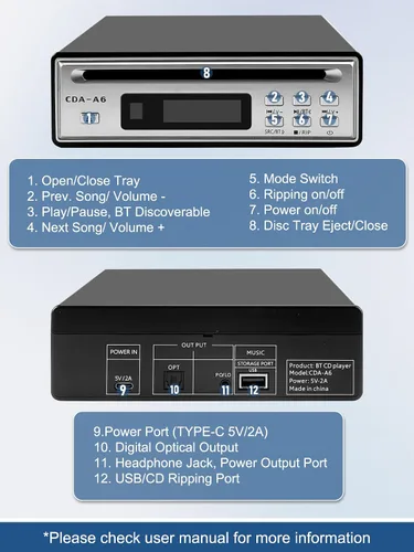 Vista 6 de Reproductor de CD de alta fidelidad para el hogar, extractor de CD, reproductor de CD Bluetooth para automóvil con extracción USB, Rip CD a USB