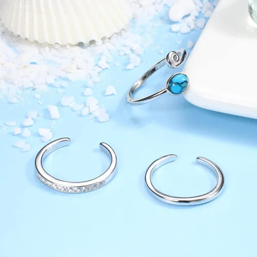 Vista 6 de Florideco Juego de 3 anillos de plata de ley S925 para mujer, con puntera abierta, ajuste cómodo, ajustable, nudo celta, turquesa, dedo del pie