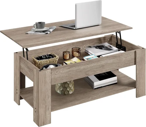 Vista 16 de Yaheetech - Mesa de centro con tapa elevable, compartimento oculto y estante de almacenamiento, mesa de comedor de tablero elevado para sala de Gris