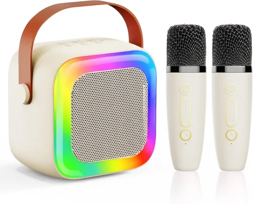 Mini máquina de karaoke para niños, adolescentes y adultos, máquina de karaoke para niños con 2 micrófonos inalámbricos y luces LED, juguetes para