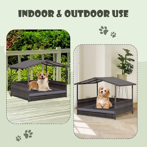 Vista 6 de Giantex Casa de mimbre para perro, cama elevada de ratán para perros con techo impermeable, funda de cojín lavable, marco de acero, cama elevada