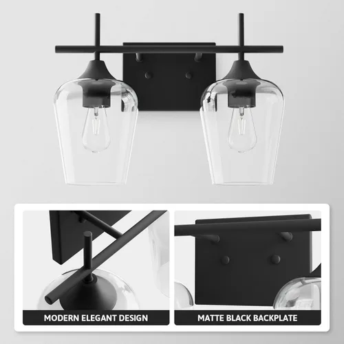 Vista 4 de VONLUCE Lámpara de tocador de baño, lámpara de baño de 2 luces sobre el espejo, lámpara de pared de baño con vidrio transparente, accesorios