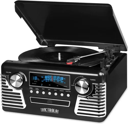 Victrola Haley - Tocadiscos retro con Bluetooth y centro multimedia con altavoces integrados - Tocadiscos de 3 velocidades, reproductor de CD, radio