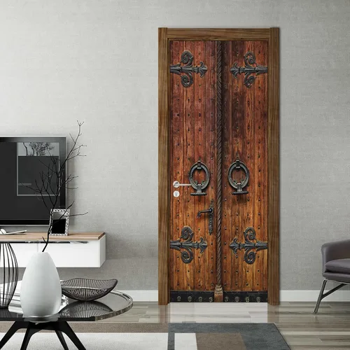 Vista 4 de artfanke Adhesivo para puerta con patrón de madera realista 3D para despegar y pegar, murales de puerta de madera retro, papel tapiz autoadhesivo